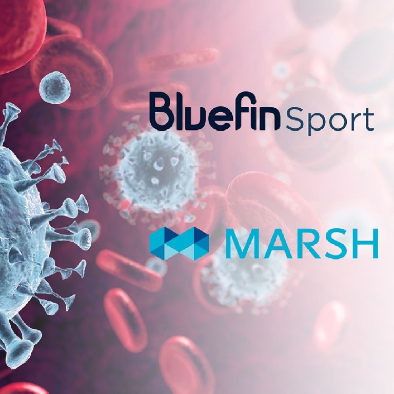 Coronavirus with red blood cells, Bluefin Sport and Marsh logos