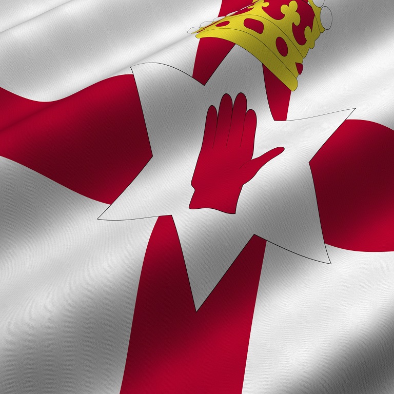 Detailed 3d rendering closeup of the flag of Northern Ireland.  Flag has a detailed realistic fabric texture.